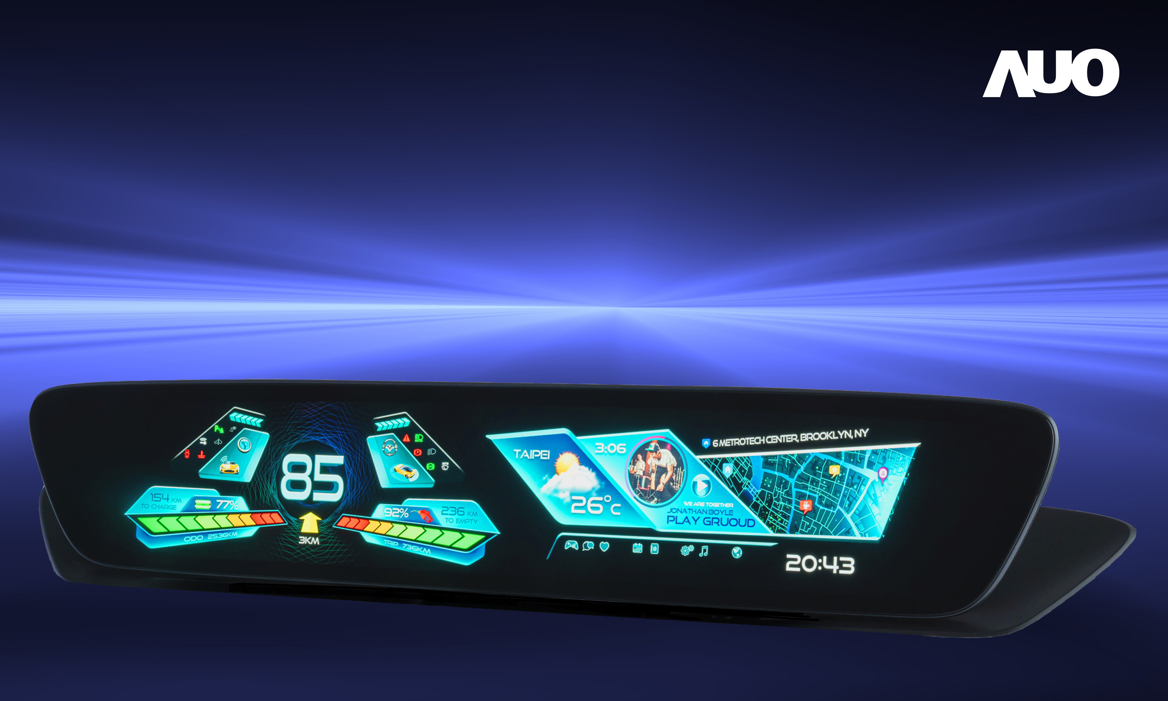 友達30.4吋異形曲面AmLED車載顯示系統，為一兼具儀表板及中控台人機介面的創新車載顯示系統，結合美學設計，提升車內科技沉浸感及使用體驗，讓車載顯示的未來應用更加多元化